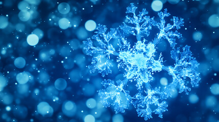 Fototapeta premium Ethereal Winter Snowflake Flurry in Cyan Blue Tones Against a Dreamy Bokeh Backdrop for Seasonal Cheer