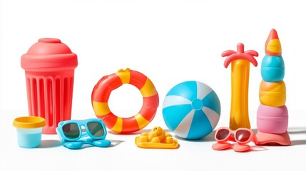 A bright assortment of playful summer accessories shines against a clean backdrop, inviting fun and relaxation