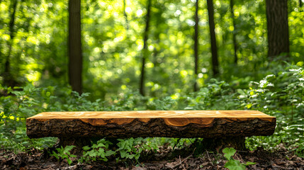 Naklejka premium Rustic Wooden Bench Among Lush Greenery in a Vibrant Forest Scene