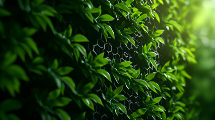 Fototapeta premium Vibrant Green Leaves Climbing on Geometric Mesh Wall in Lush Outdoor Garden