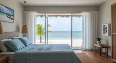 A serene coastal bedroom with large open windows facing a tropical beach