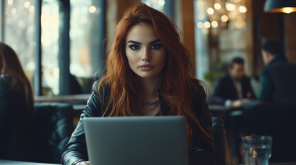 Modern and independent woman with perfect makeup, dressed in a leather jacket, embracing remote work as a digital nomad in a vibrant café or sophisticated co-working space