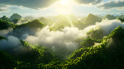 Obraz premium Vibrant Green Mountain Landscape with Rolling Fog and Bright Sunlight in the Blue Sky