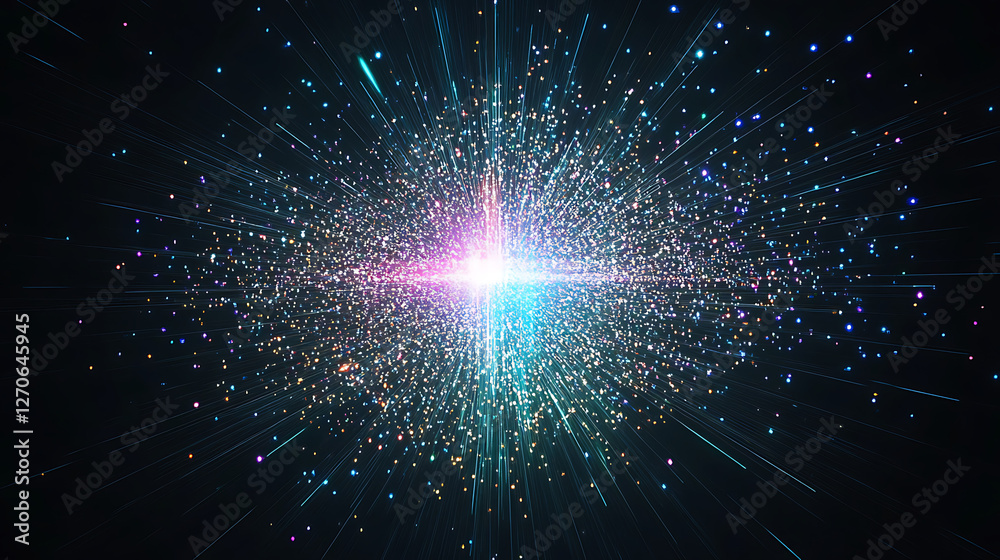 Poster exploding universe of radiant particles and light rays bursting in colorful display