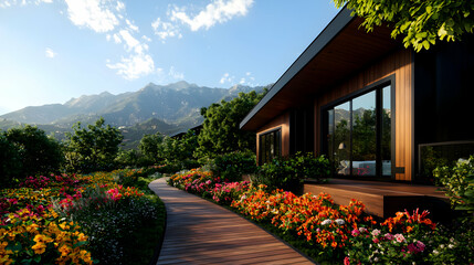 Scenic Garden Path Leading to a Modern House with Mountain Views Under a Bright Blue Sky