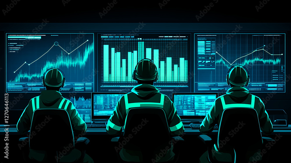 Poster monitoring industrial data trends control room digital analytics high-tech environment overhead view