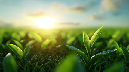 Vibrant Green Tea Plantation Under a Glowing Sunlight on a Sunny Day with Clear Blue Sky