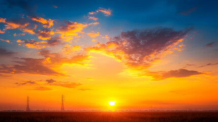 Fototapeta premium Vibrant Orange Sunset with Dramatic Clouds over Flat Horizon and Grass Field in Warm Evening Light