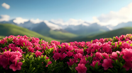 Fototapeta premium Vibrant Pink Flowers Blooming in Mountain Meadow Against a Clear Sky Scenic Landscape
