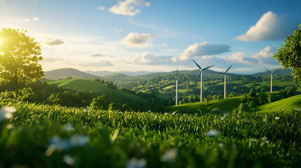Scenic Landscape With White Wind Turbines Generating Green Energy On Lush Green Hills Under Blue Sky With White Clouds