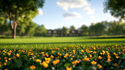 Scenic Meadow Filled with Yellow Flowers on a Sunny Day in Park with Blured Background