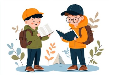 Two boys reading books outdoors with nature around them, enjoying their adventure.