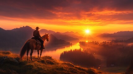 A cowboy on horseback watching the sunset over the mountains and river. Generative AI
