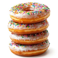A stack of golden-brown donuts covered in glossy icing and vibrant rainbow sprinkles plaine white background 