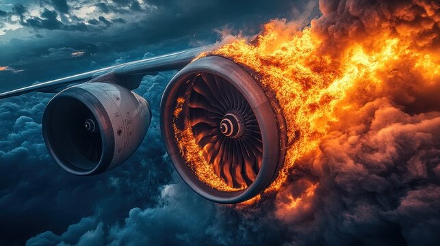 Aircraft engine on fire in the sky.