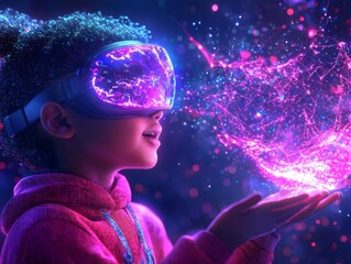 Child exploring virtual reality with vibrant holographic graphics in hands.