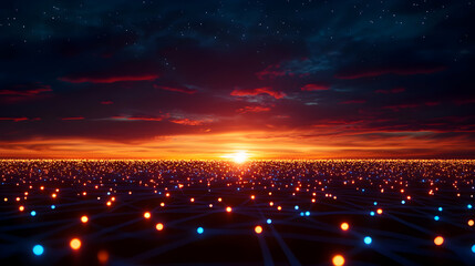Vibrant Sunset Over Futuristic Cityscape with Glowing Network Lights