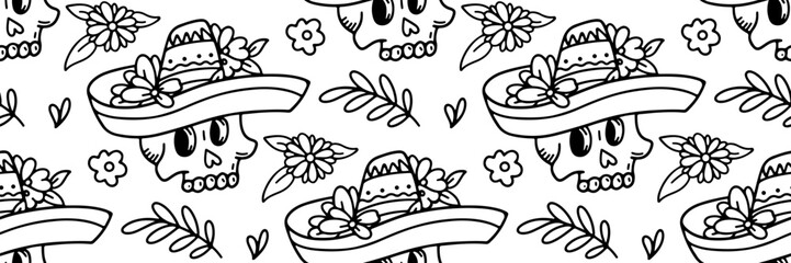 Day of dead sugar skull with sombrero pattern. Dia de los muertos festive background. Mexican tradition festival. Vector illustration for fabric, wrapping paper, textile and wallpaper. Floral ornament