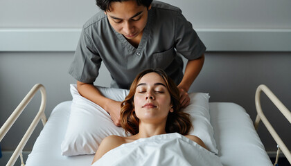 Obraz premium Healthcare professional giving massage to relaxed patient in bed
