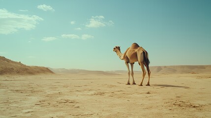 Camel gracefully strolls through a vast desert landscape under a bright blue sky in the afternoon