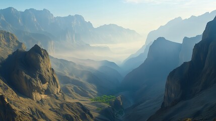Obraz premium Hijaz Mountains valley bathed in morning mist with vibrant green oasis beneath towering peaks at sunrise