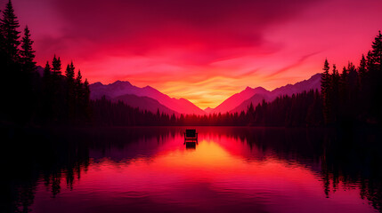 Fototapeta premium Vivid Sunset Over Mountain Lake with Dark Trees Reflecting on Water