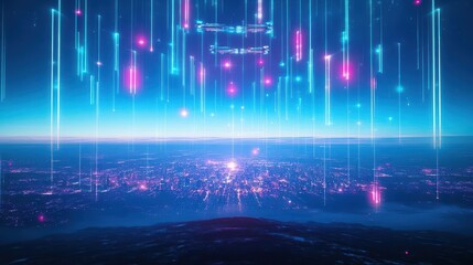 Futuristic Cityscape Illuminated by Vibrant Neon Lights with a Sleek Spaceship Soaring Above in a Dynamic and Visionary Urban Environment