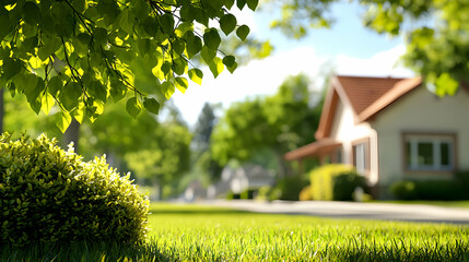 Warm Suburban Home with Green Lawn and Lush Trees on a Sunny Day
