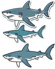 Obraz premium 3 Different shark sticker designs showcasing marine life in a playful and stylized manner