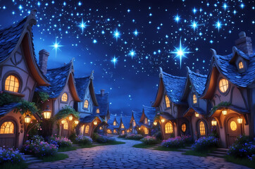Whimsical Fairy-Tale Village Under a Starry Night Sky &ndash; Charming Cottages with Warmly Lit Windows, Lush Greenery, and Twinkling Stars Create a Magical and Serene Atmosphere