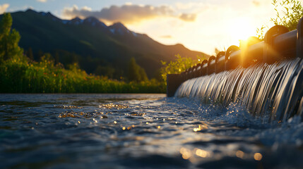 Water Cascading Over Weir with Mountain Background during Golden Sunset