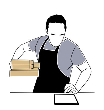 man holding boxes, using tablet clip art preview