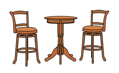 Set of vintage wooden furniture for cafe, bistro, restaurant. Dinner, coffee table and chairs, bar stool. Hand drawn outline colored vector illustrations isolated