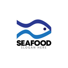 Origami Fish blue logo design vector, Ribbon Silhouette seafood template