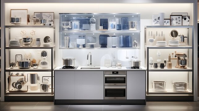 Sleek and modern home appliance store displaying a wide range of smart kitchen gadgets cookware and home decor items in a stylish minimalist setting