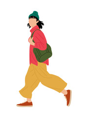 Young woman walking side view. Stylish girl in casual street style urban outfit with big hand bag. Vector realistic illustration isolated