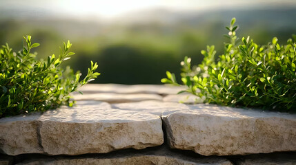Weathered Stone Wall with Greenery Under Sunlight in a Peaceful Outdoor Setting