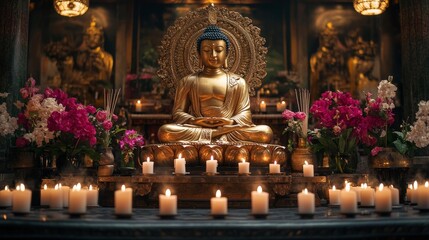 Fototapeta premium Golden Buddha Statue Surrounded by Candles and Flowers. Generative AI