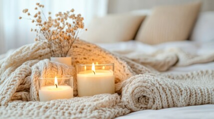 A bedroom with a soothing ambiance, featuring soft blankets, candles, and no screens