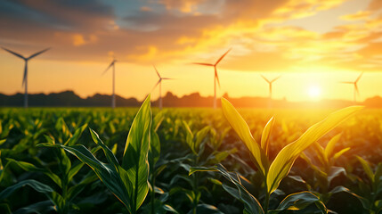 Wind Turbine Farm at Sunset Over Green Field Renewable Energy and Sustainable Power in Rural Landscape