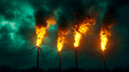 Fototapeta premium Wind Turbines Ablaze with Towering Flames Against a Greenish Smoky Sky
