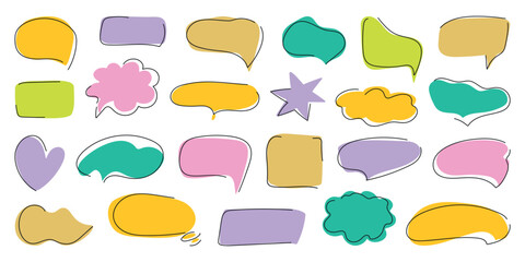 Cute speech bubble set in trendy doodle style. Handwritten Chat balloons for text, dialog icon, comic comments. Message in cloud frame, talk box. Isolated vector illustration on white background.