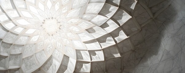 Elaborate white domed ceiling with an intricate geometric pattern
