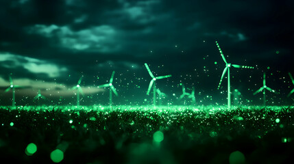 Wind Turbines in Field Generating Green Energy Under Dark Cloudy Sky