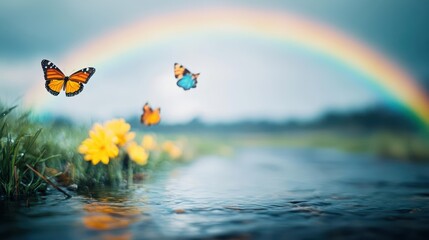 Vibrant Rainbow Arching Across a Clear Blue Sky Surrounded by Fluffy White Clouds Creating a Joyful and Hopeful Atmosphere in Nature's Palette