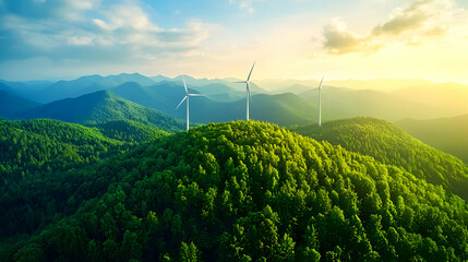 Wind Turbines on Green Forest Hills Generating Clean Power at Sunset