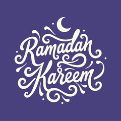 Words ramadan kareem in white script on a purple background.