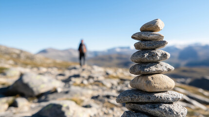 Guided by Cairns: A Hiker Navigating Mountain Trails in Nature