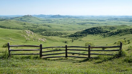 Rolling hills vista, wooden fence, sunny day, travel photography