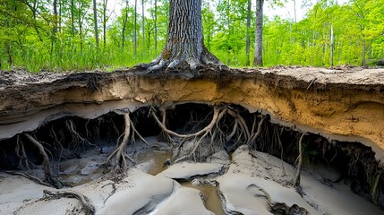 Exposed Tree Roots, Forest Stream, Nature - Environmental awareness